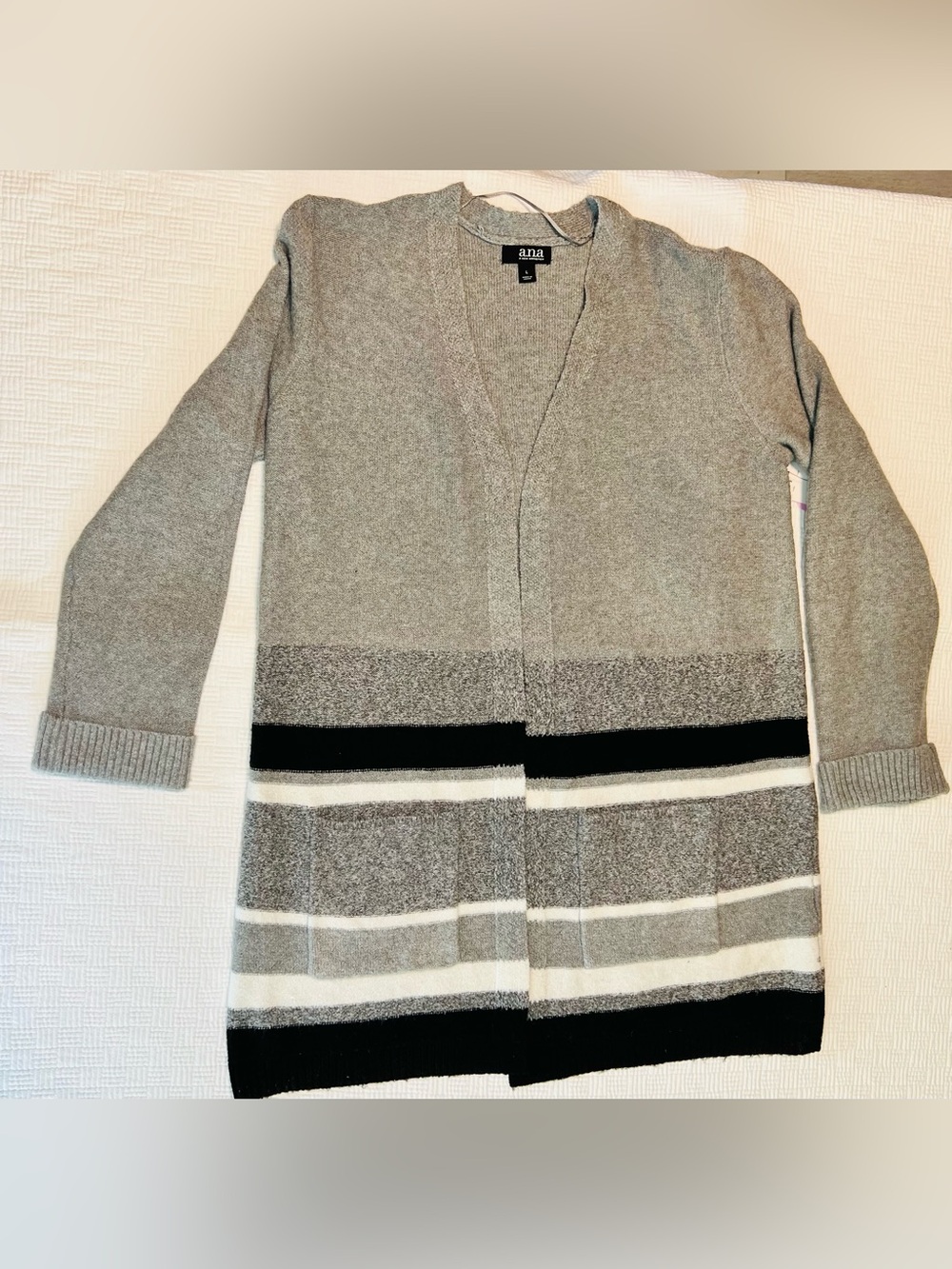 a.n.a Grey Open-Front Striped Cardigan with Black & White Bands